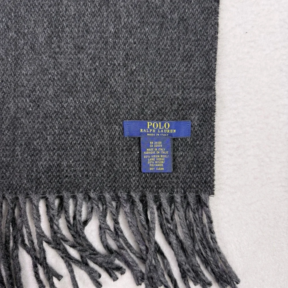 Polo Ralph Lauren Black 100% Lambswool Scarf Purple Pony Fringe Made In‎ Italy
